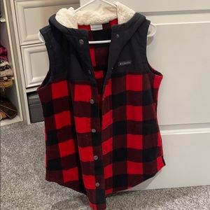 Columbia fleece Buffalo plaid Sherpa hood Vest